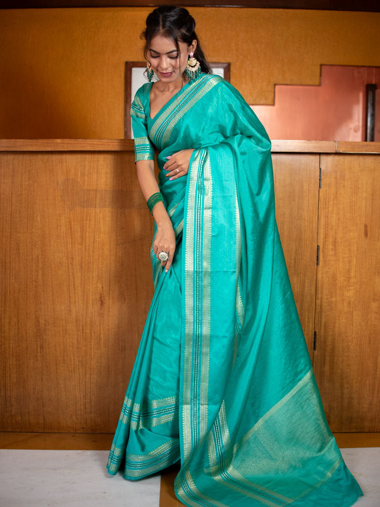 Banarasi Semi Silk Saree With Plain Zari Weaving-Green