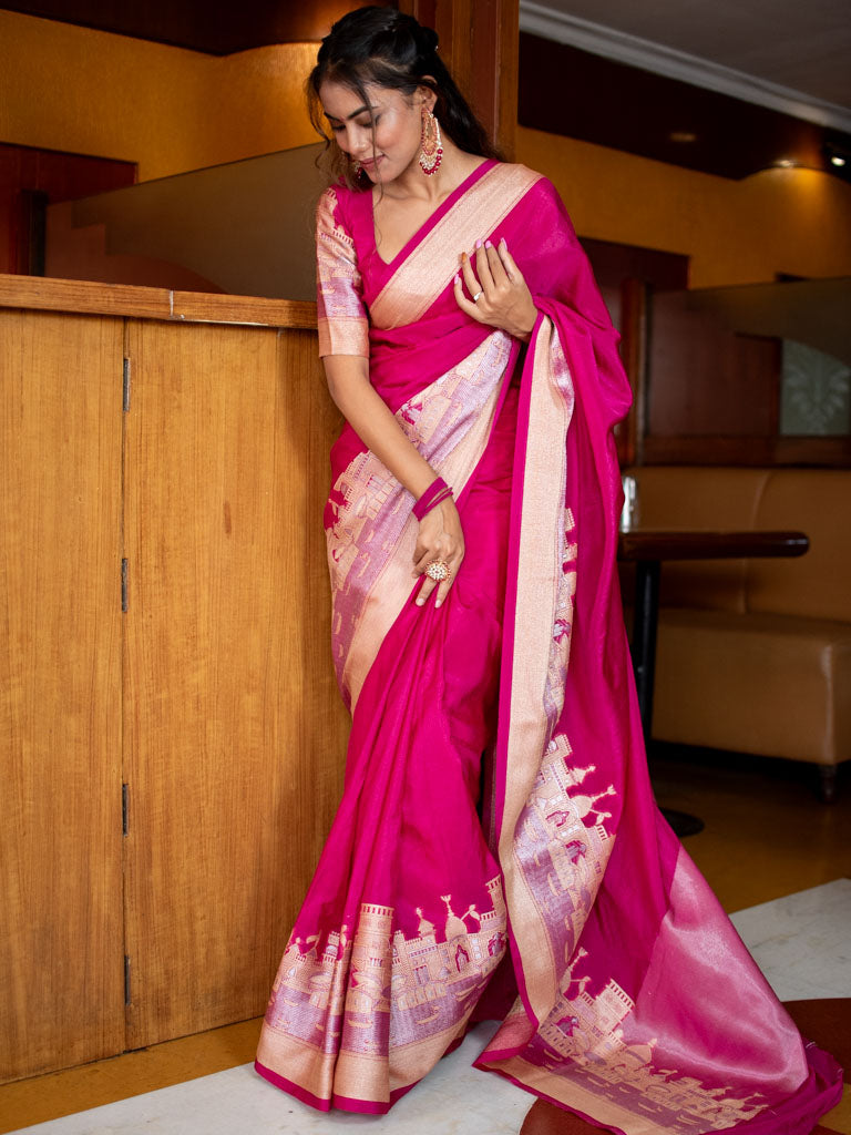 Banarasi Plain Semi Silk Saree With Ganga Ghat Weaving-Pink