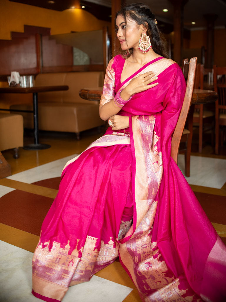 Banarasi Plain Semi Silk Saree With Ganga Ghat Weaving-Pink