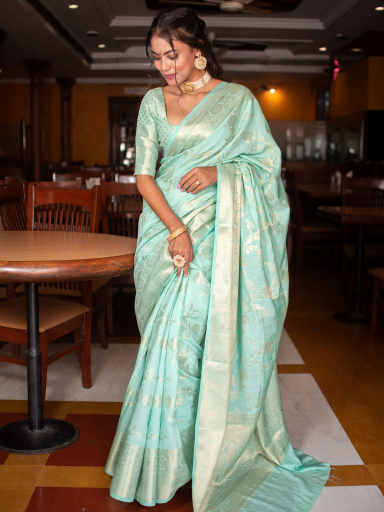 Banarasi Semi Silk Saree With Jaal Zari Weaving-Pastel Blue