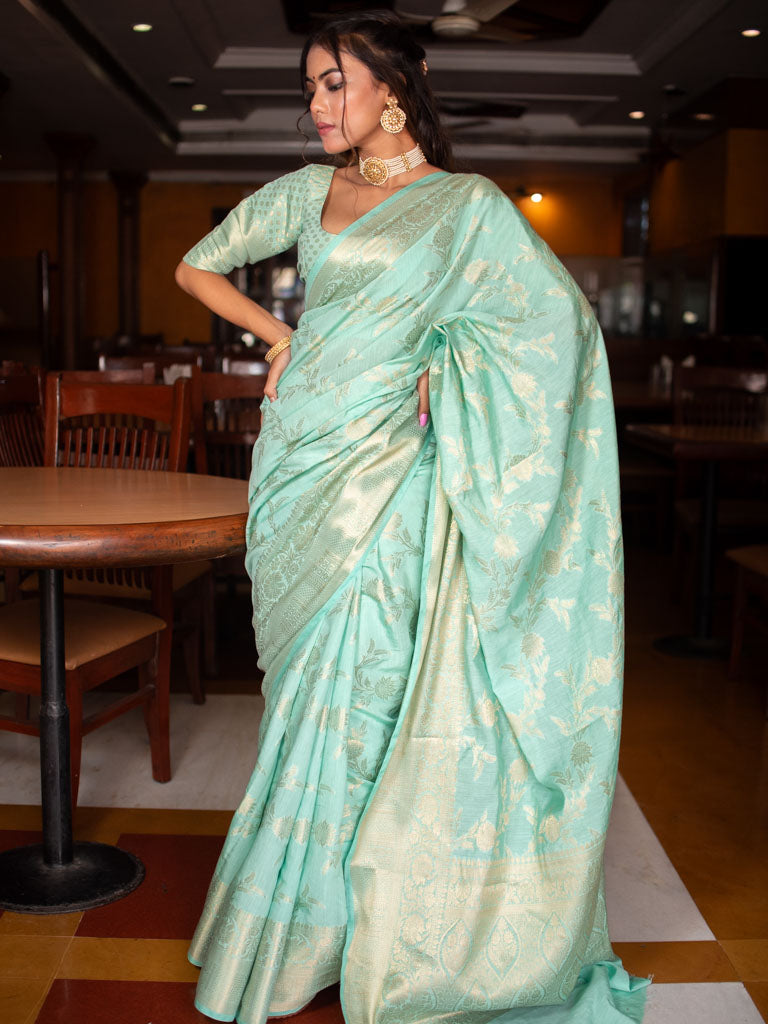 Banarasi Semi Silk Saree With Jaal Zari Weaving-Pastel Blue