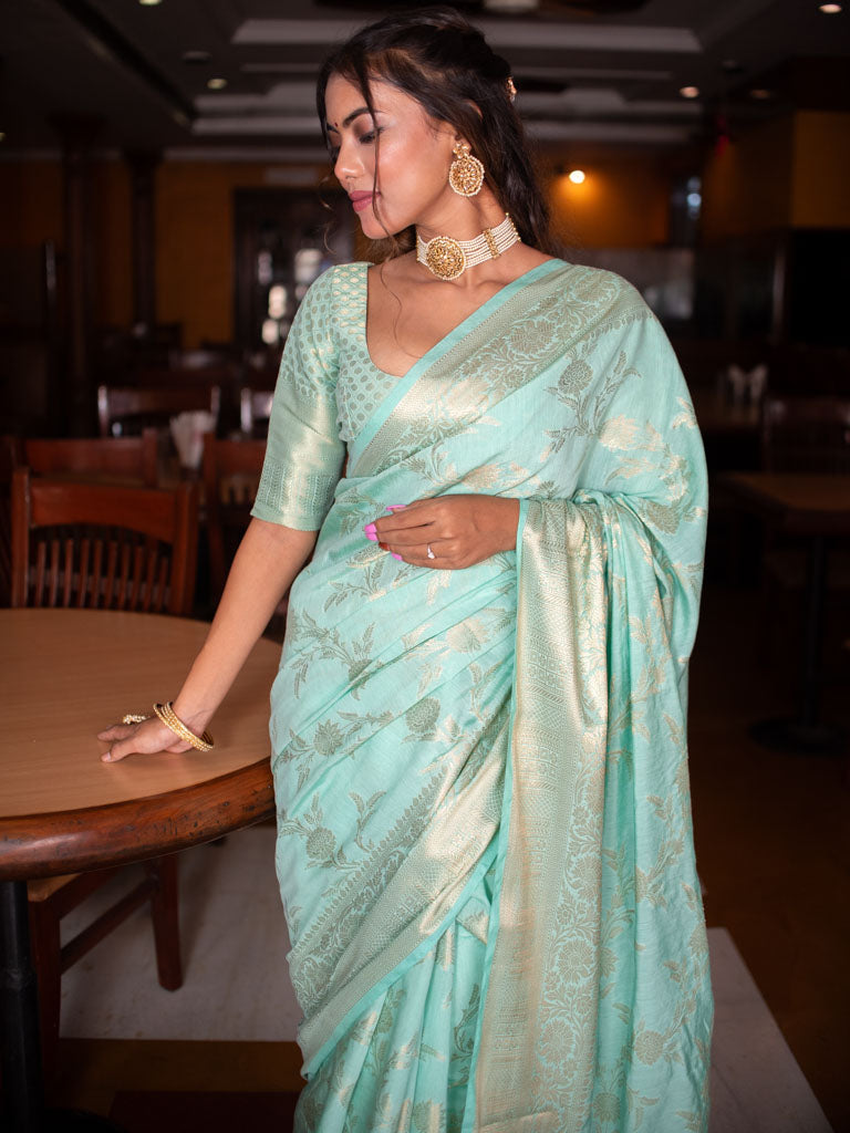 Banarasi Semi Silk Saree With Jaal Zari Weaving-Pastel Blue