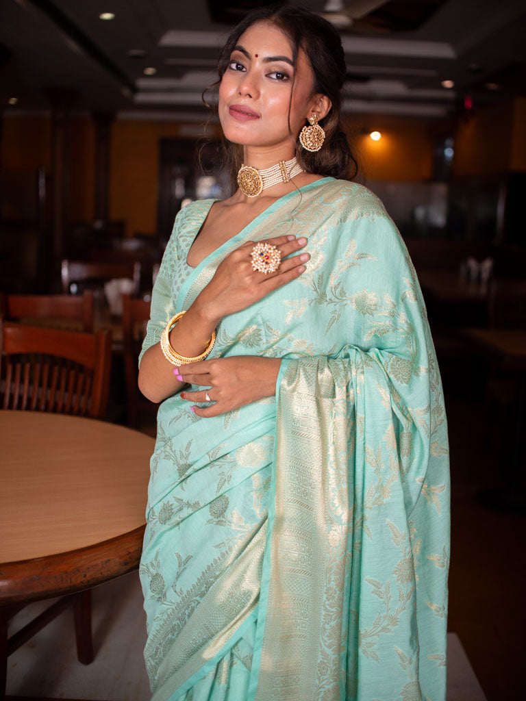 Banarasi Semi Silk Saree With Jaal Zari Weaving-Pastel Blue