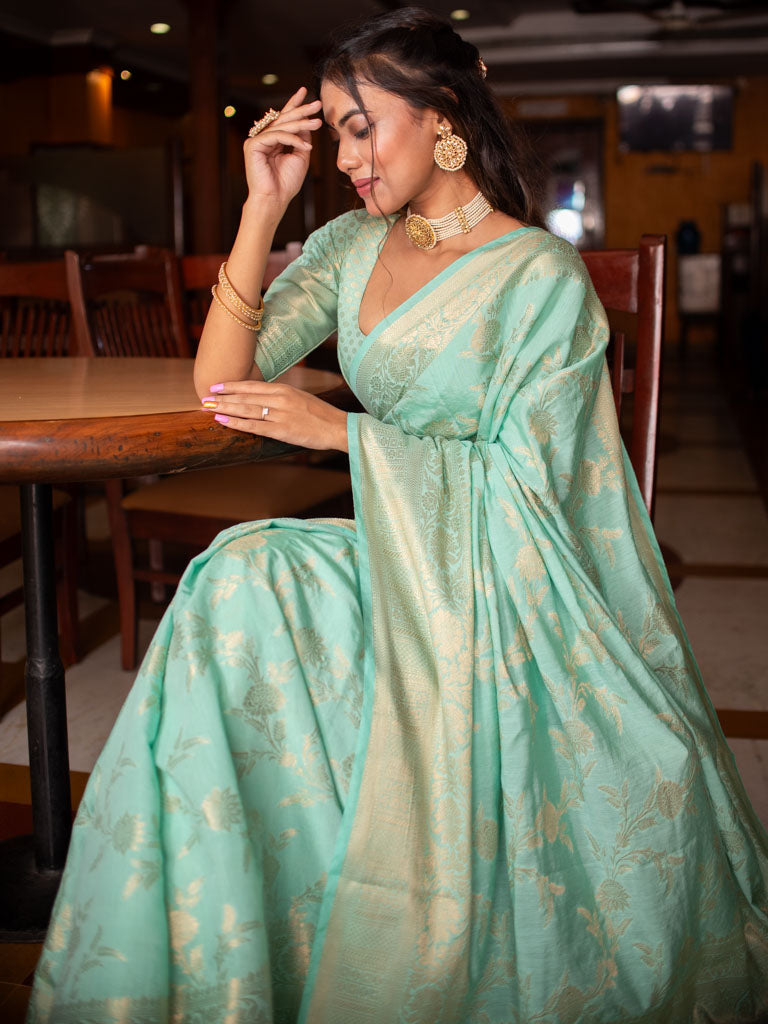 Banarasi Semi Silk Saree With Jaal Zari Weaving-Pastel Blue