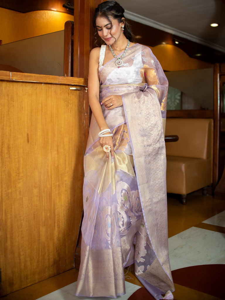 Banarasi Soft Tissue Saree With Zari & Resham Weaving-Lavender