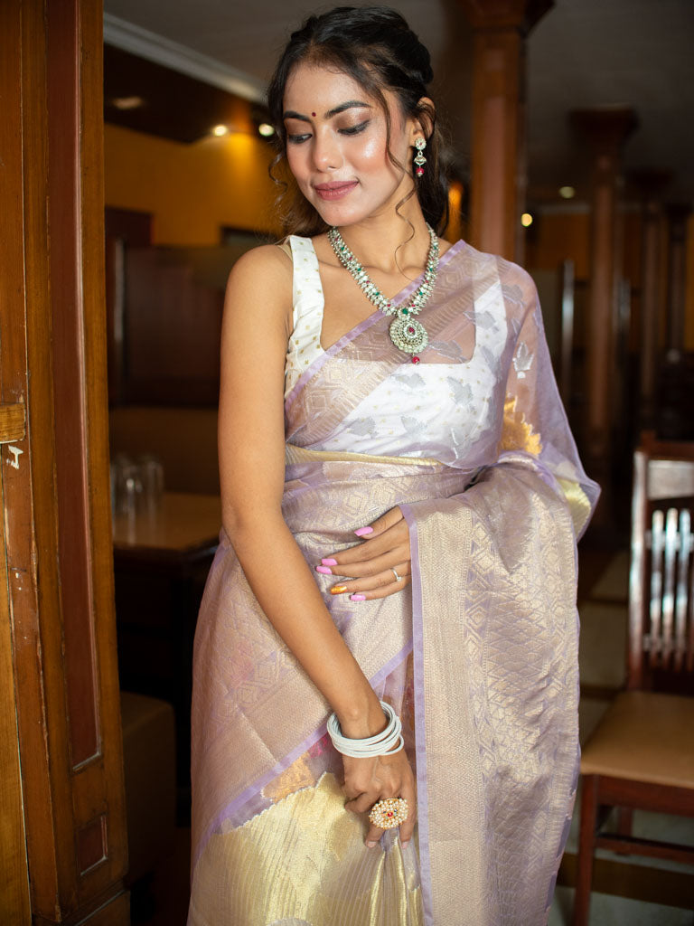 Banarasi Soft Tissue Saree With Zari & Resham Weaving-Lavender
