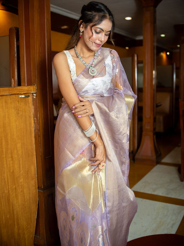 Banarasi Soft Tissue Saree With Zari & Resham Weaving-Lavender