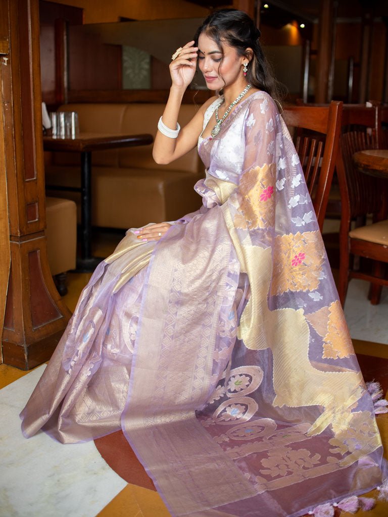 Banarasi Soft Tissue Saree With Zari & Resham Weaving-Lavender
