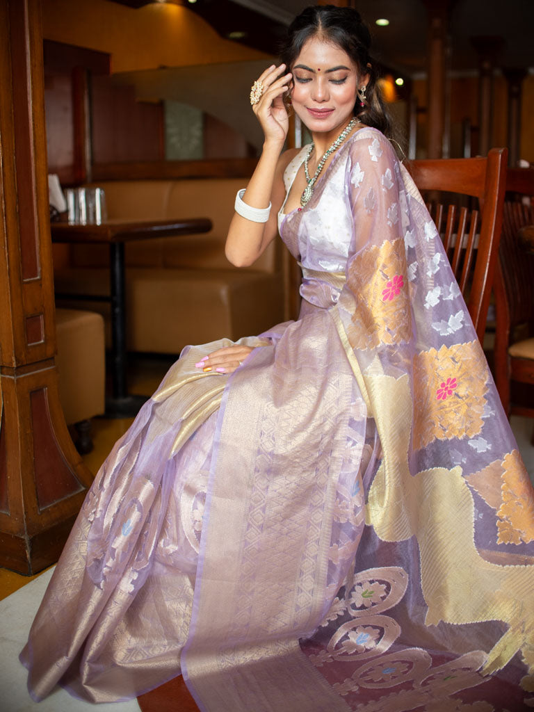 Banarasi Soft Tissue Saree With Zari & Resham Weaving-Lavender