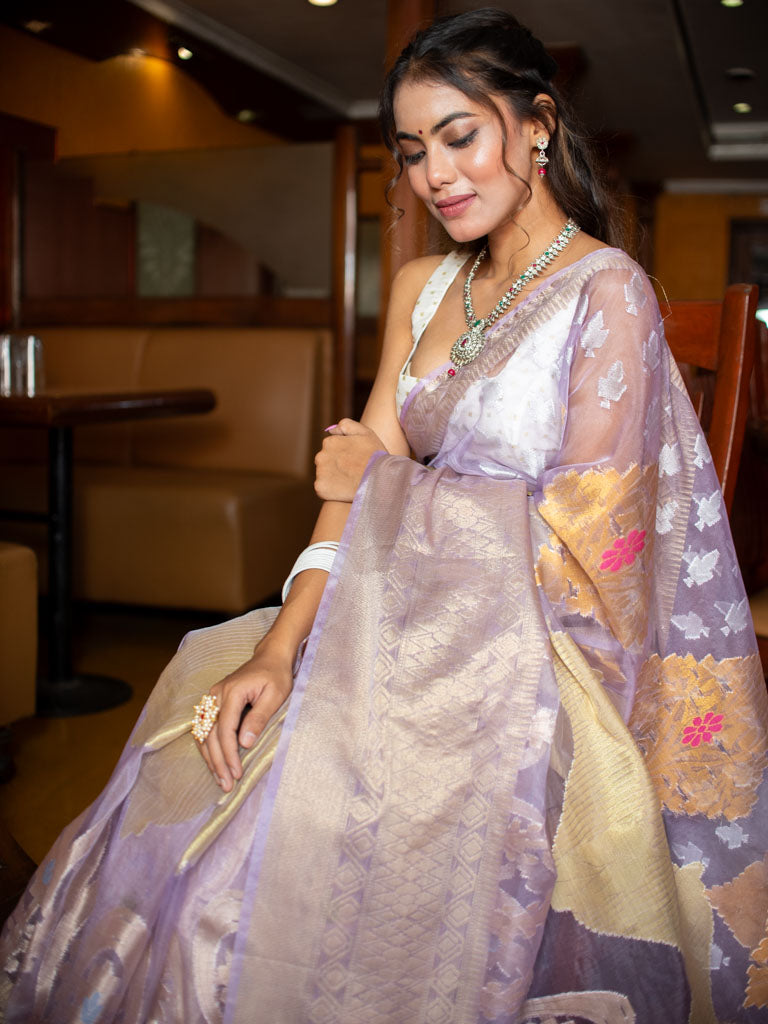 Banarasi Soft Tissue Saree With Zari & Resham Weaving-Lavender