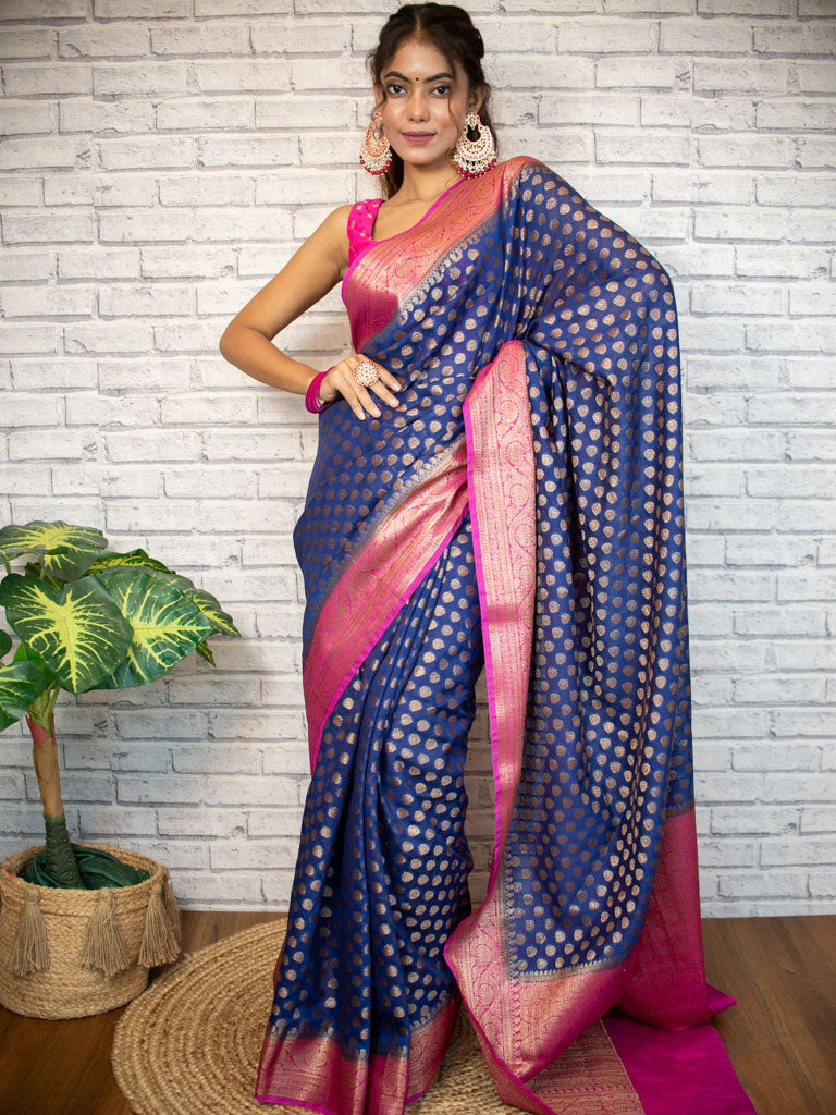 Banarasi Semi Dupion Saree With Antique Zari Weaving & Contrast Border-Blue