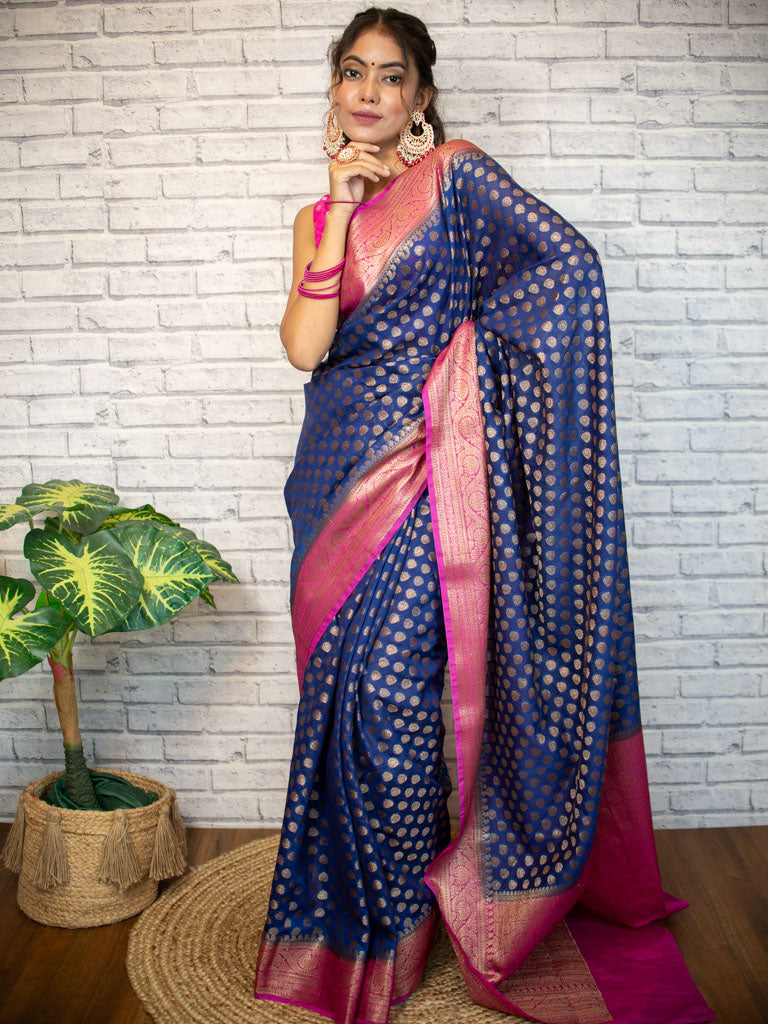Banarasi Semi Dupion Saree With Antique Zari Weaving & Contrast Border-Blue