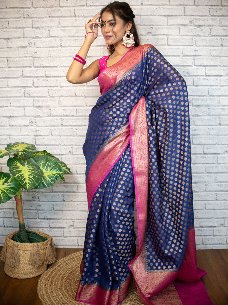 Banarasi Semi Dupion Saree With Antique Zari Weaving & Contrast Border-Blue