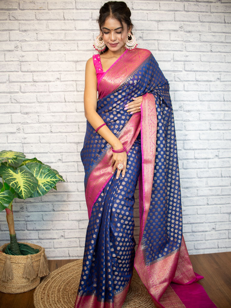 Banarasi Semi Dupion Saree With Antique Zari Weaving & Contrast Border-Blue