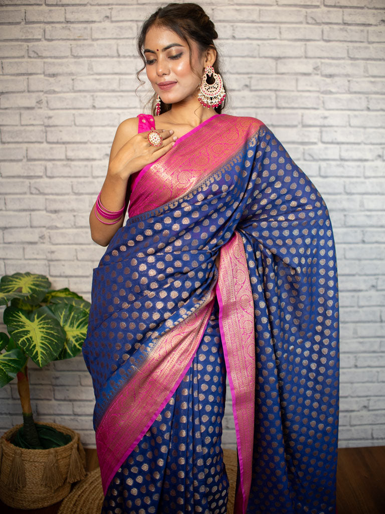 Banarasi Semi Dupion Saree With Antique Zari Weaving & Contrast Border-Blue