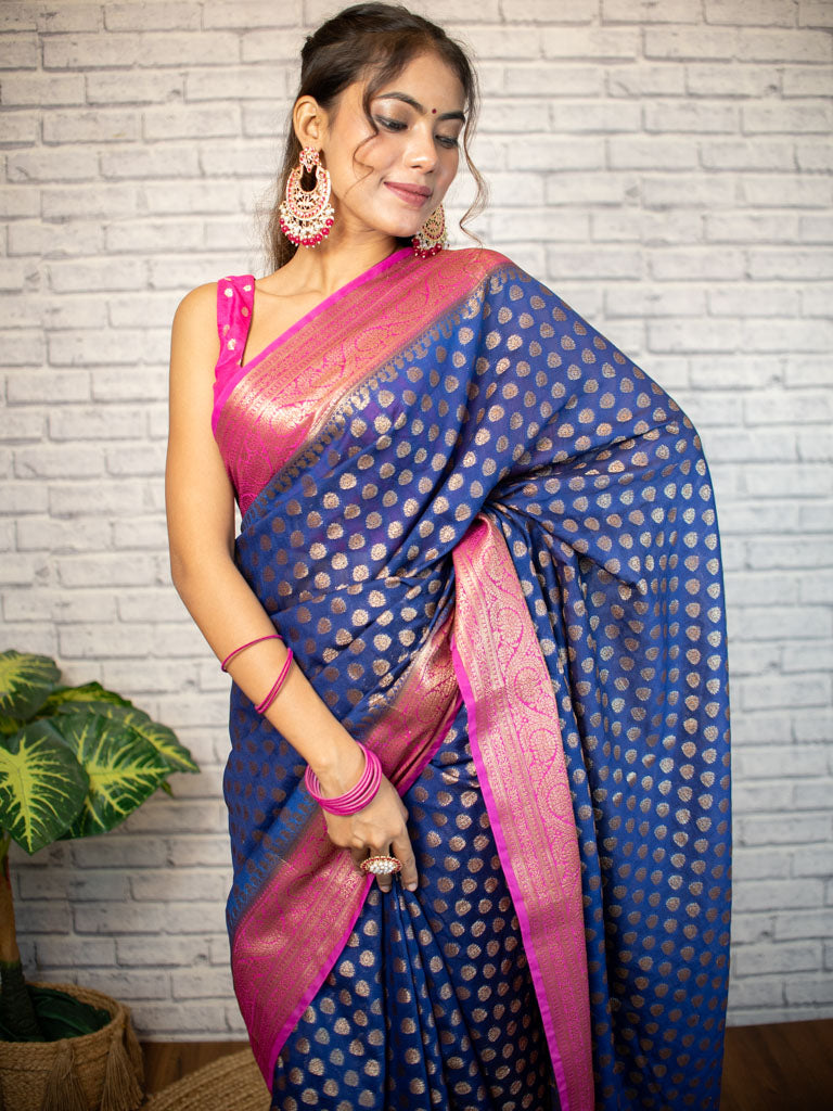 Banarasi Semi Dupion Saree With Antique Zari Weaving & Contrast Border-Blue
