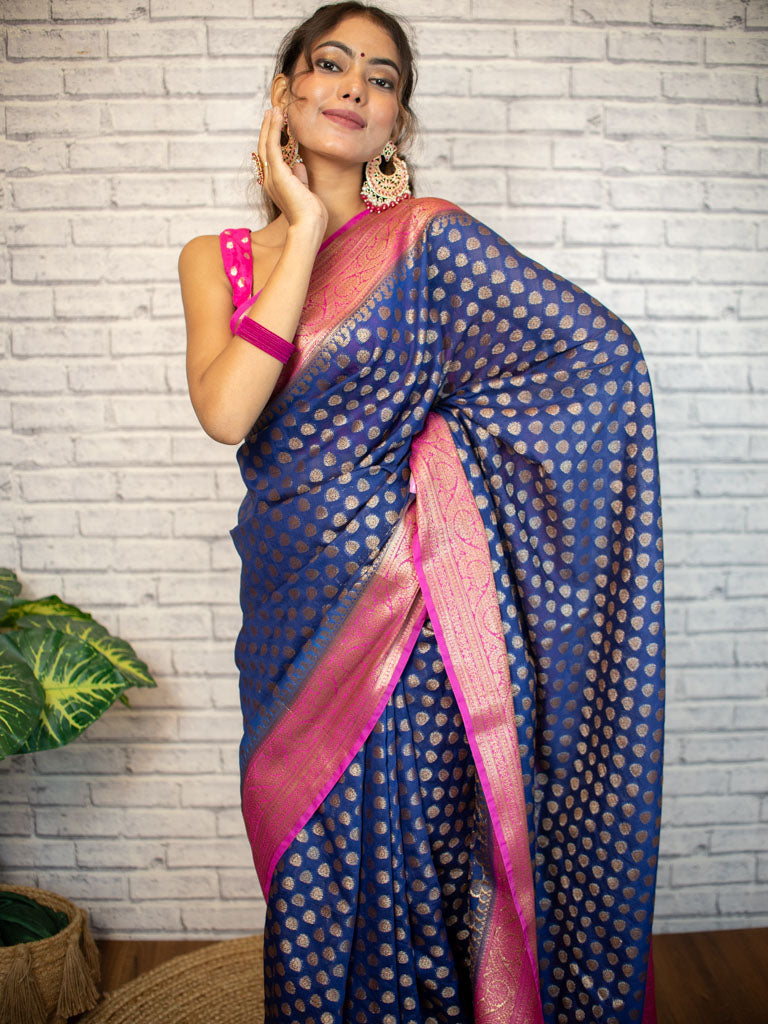 Banarasi Semi Dupion Saree With Antique Zari Weaving & Contrast Border-Blue
