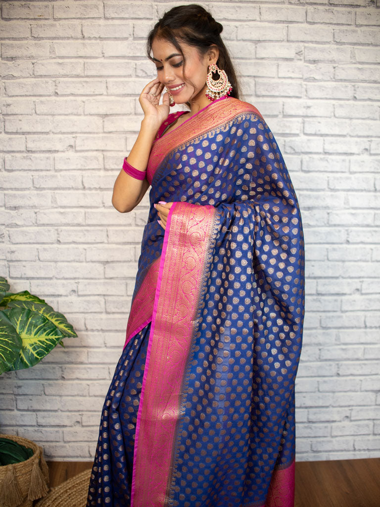 Banarasi Semi Dupion Saree With Antique Zari Weaving & Contrast Border-Blue