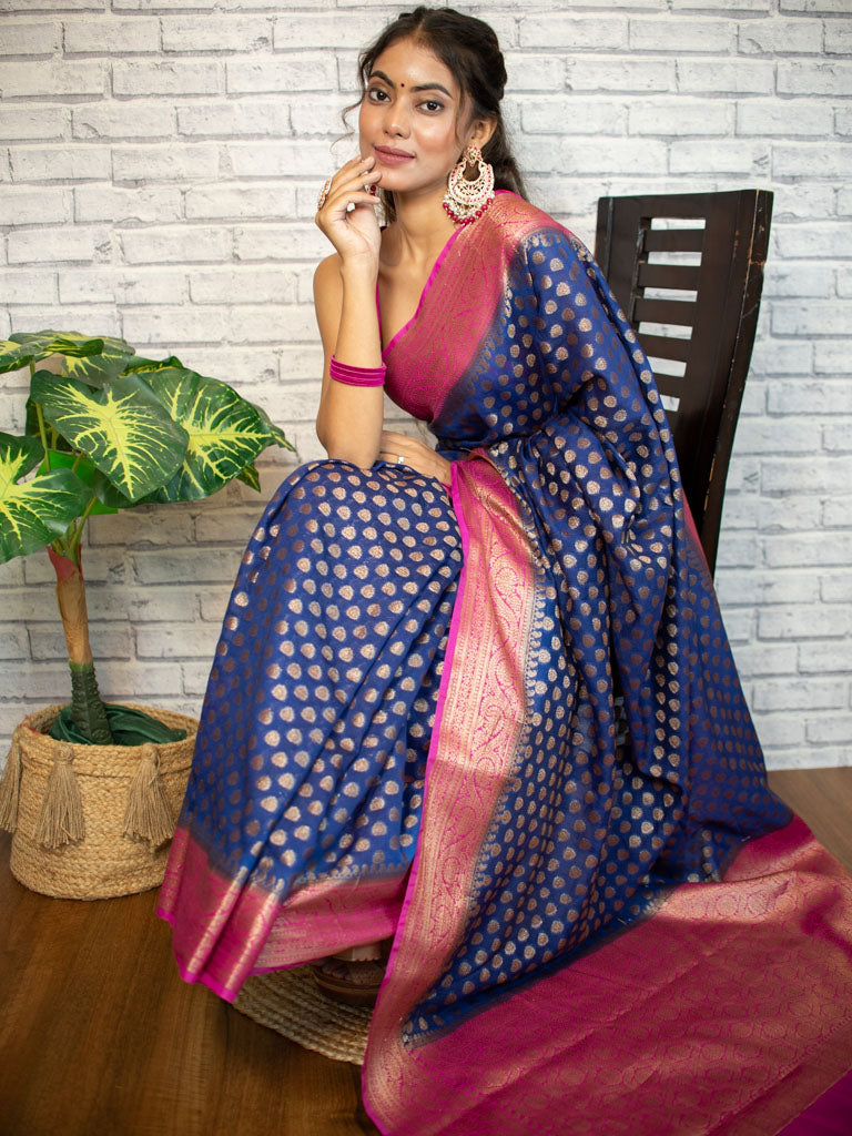 Banarasi Semi Dupion Saree With Antique Zari Weaving & Contrast Border-Blue