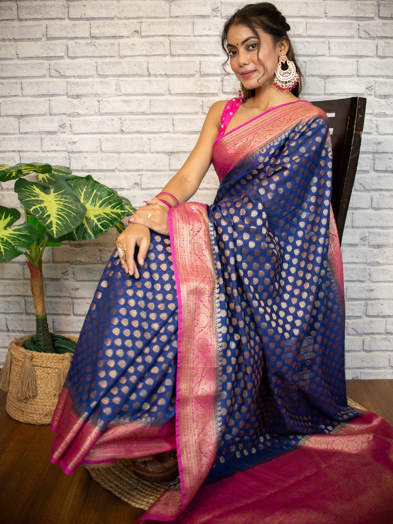 Banarasi Semi Dupion Saree With Antique Zari Weaving & Contrast Border-Blue