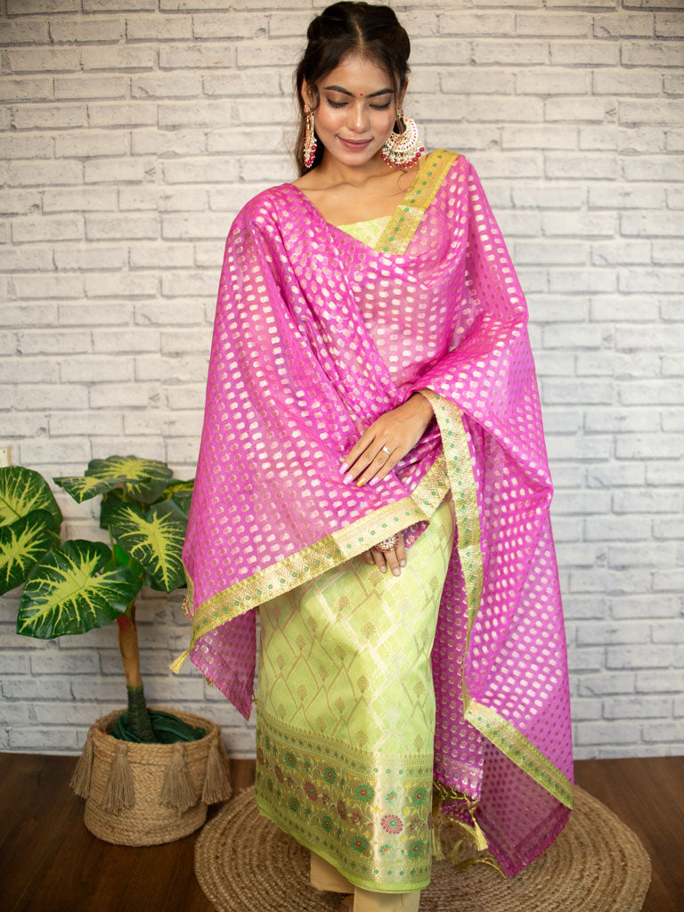 Banarasi Semi Silk Zari Weaving Salwar Kameez Material With Contrast Dupatta-Lemon Yellow