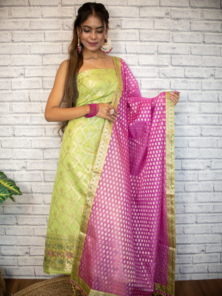 Banarasi Semi Silk Zari Weaving Salwar Kameez Material With Contrast Dupatta-Lemon Yellow