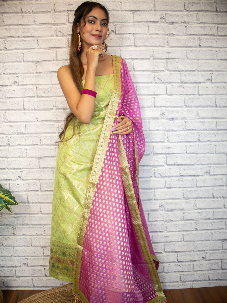 Banarasi Semi Silk Zari Weaving Salwar Kameez Material With Contrast Dupatta-Lemon Yellow