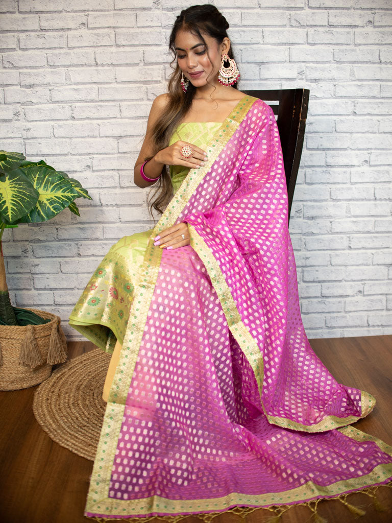 Banarasi Semi Silk Zari Weaving Salwar Kameez Material With Contrast Dupatta-Lemon Yellow