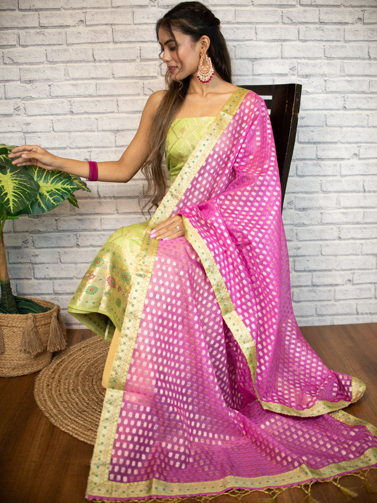 Banarasi Semi Silk Zari Weaving Salwar Kameez Material With Contrast Dupatta-Lemon Yellow