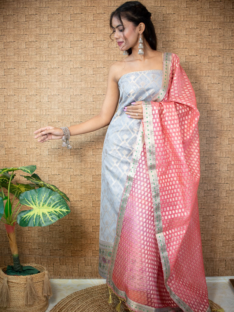 Banarasi Semi Silk Zari Weaving Salwar Kameez Material With Contrast Dupatta-Grey