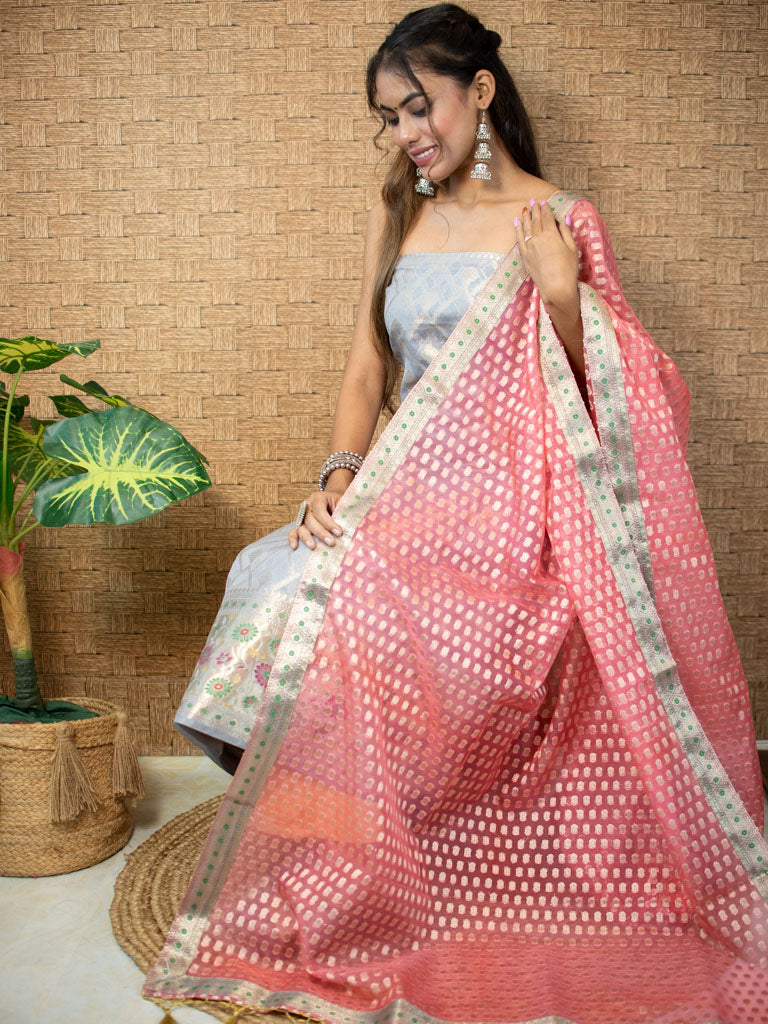 Banarasi Semi Silk Zari Weaving Salwar Kameez Material With Contrast Dupatta-Grey