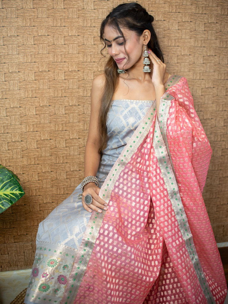 Banarasi Semi Silk Zari Weaving Salwar Kameez Material With Contrast Dupatta-Grey