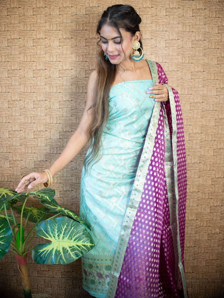 Banarasi Semi Silk Zari Weaving Salwar Kameez Material With Contrast Dupatta-Blue