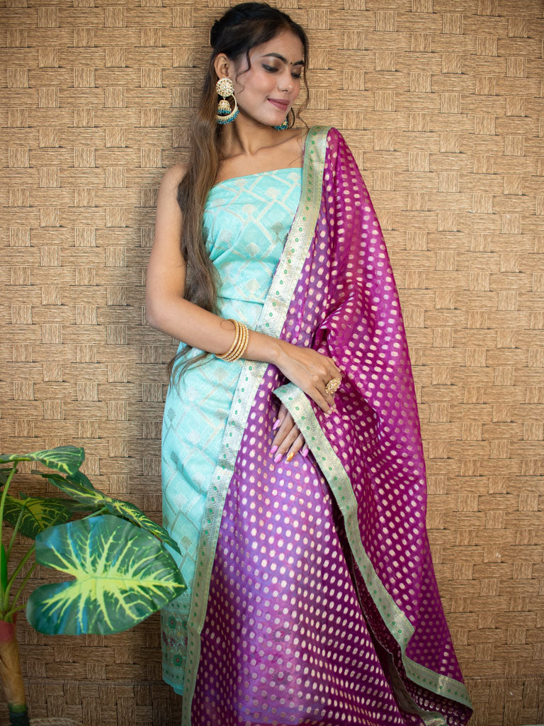 Banarasi Semi Silk Zari Weaving Salwar Kameez Material With Contrast Dupatta-Blue