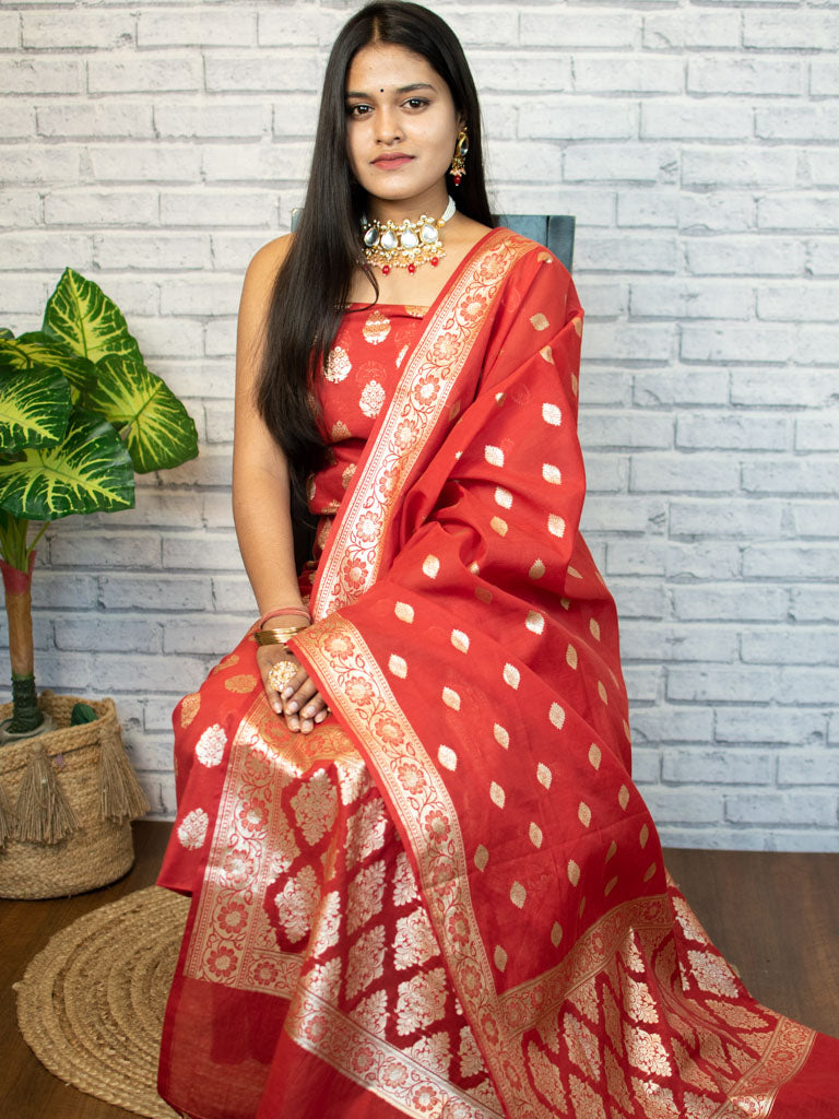 Banarasi Pure Cotton Silk Salwar Kameez Material With Silver Zari Weaving-Red