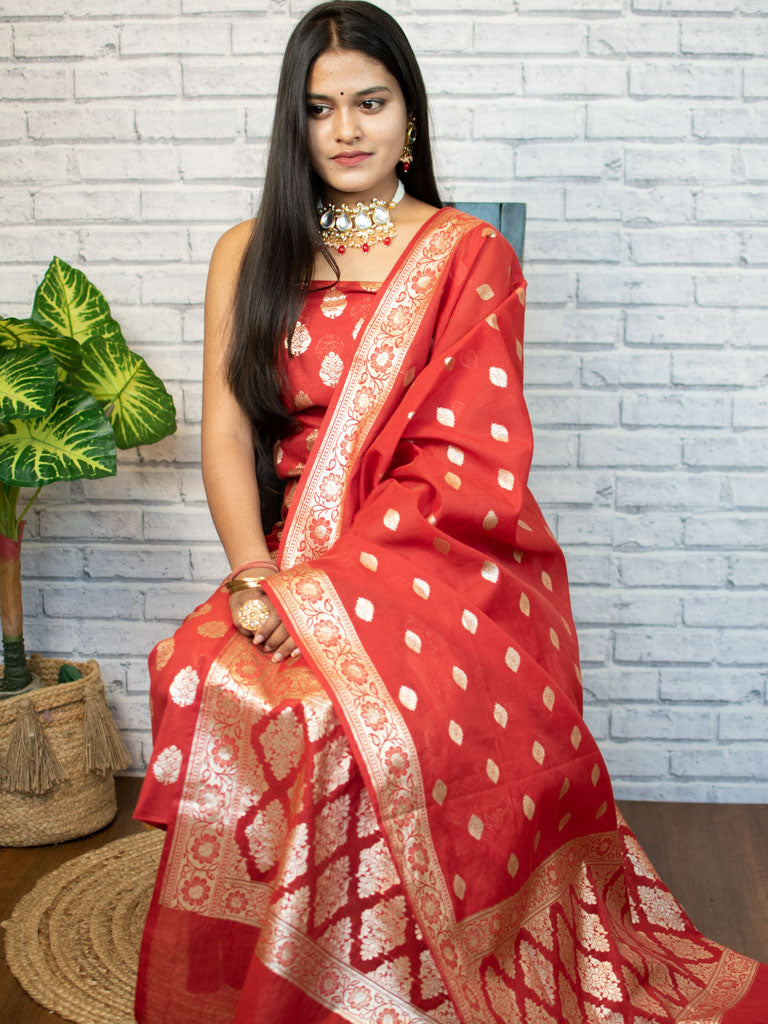 Banarasi Pure Cotton Silk Salwar Kameez Material With Silver Zari Weaving-Red
