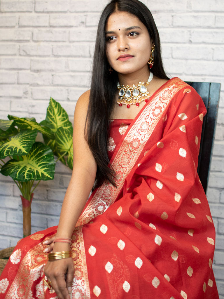 Banarasi Pure Cotton Silk Salwar Kameez Material With Silver Zari Weaving-Red