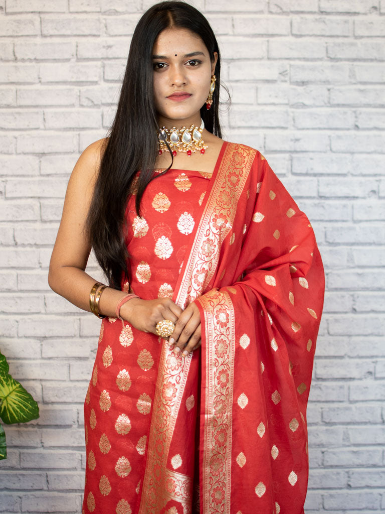Banarasi Pure Cotton Silk Salwar Kameez Material With Silver Zari Weaving-Red