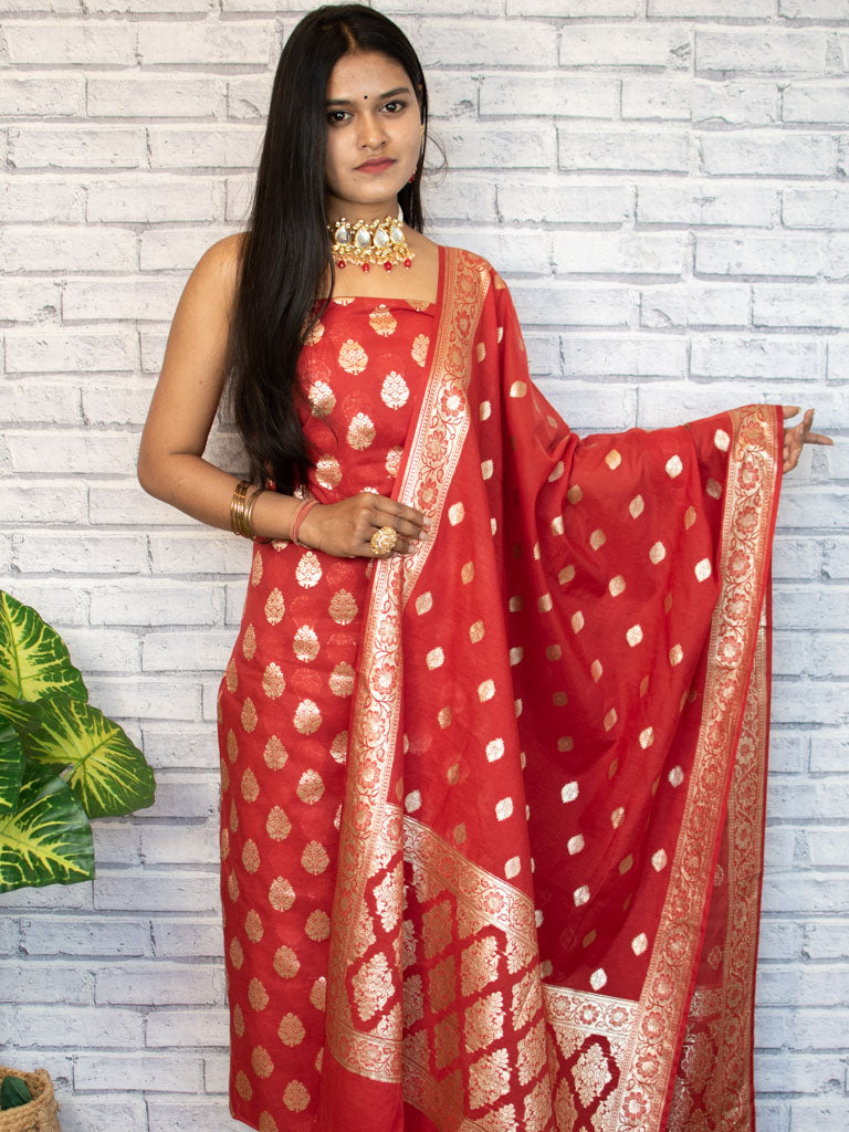 Banarasi Pure Cotton Silk Salwar Kameez Material With Silver Zari Weaving-Red