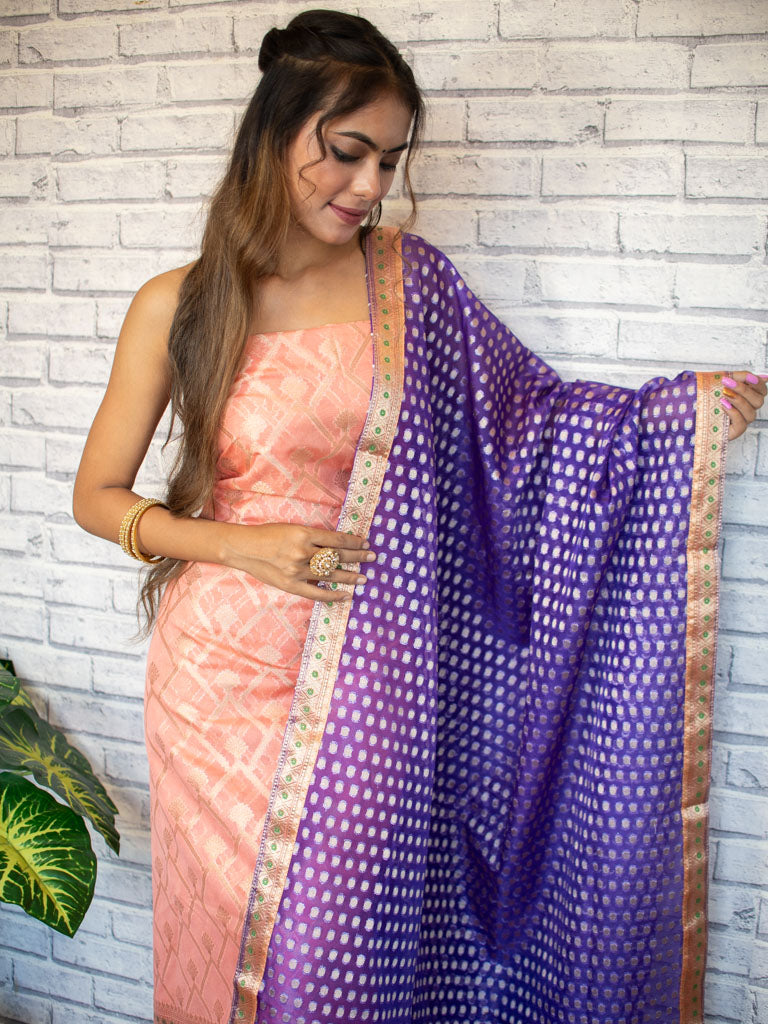 Banarasi Semi Silk Zari Weaving Salwar Kameez Material With Contrast Dupatta-Peach