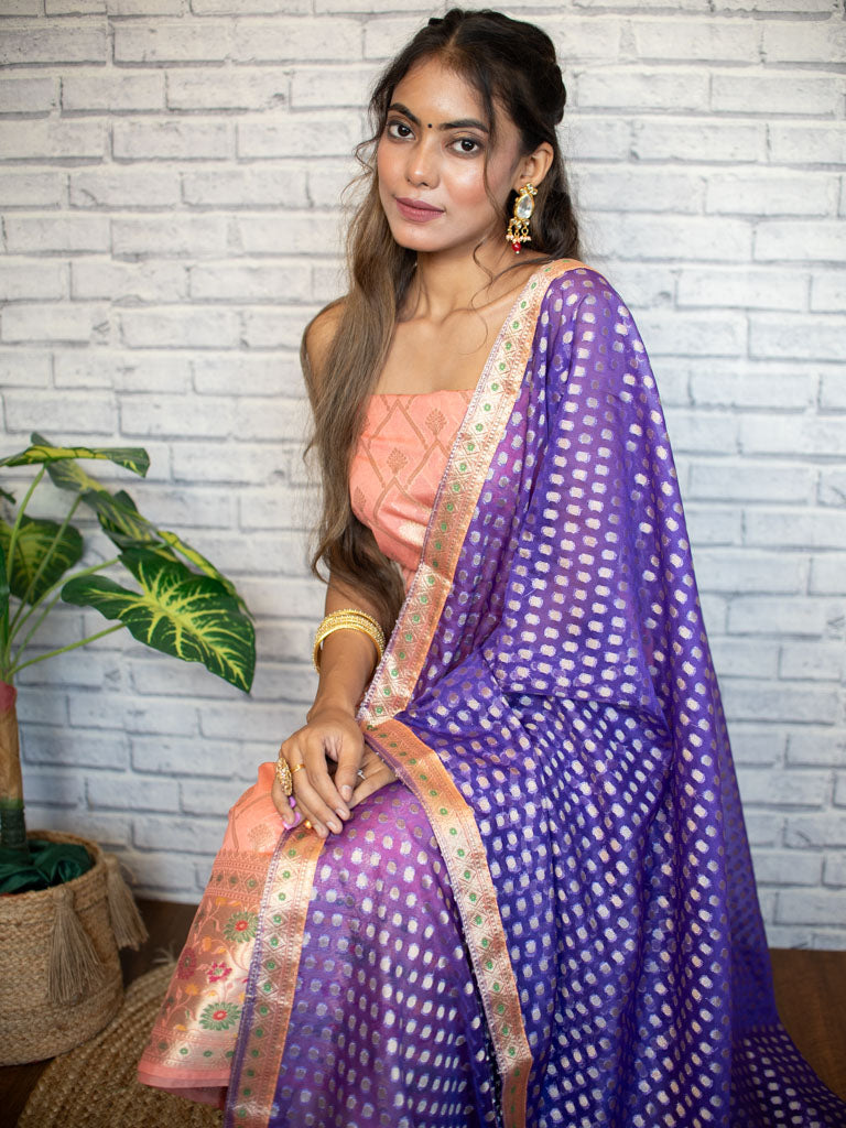 Banarasi Semi Silk Zari Weaving Salwar Kameez Material With Contrast Dupatta-Peach
