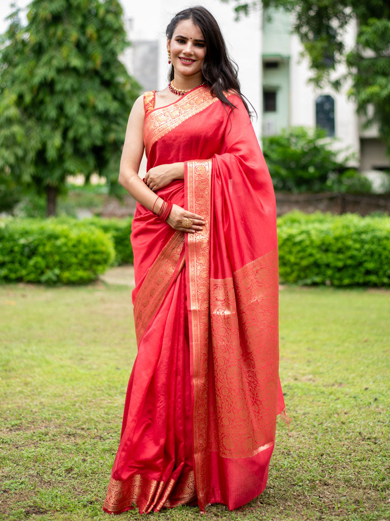 Banarasi Handwoven Plain Pure Dupion Silk Saree-Red