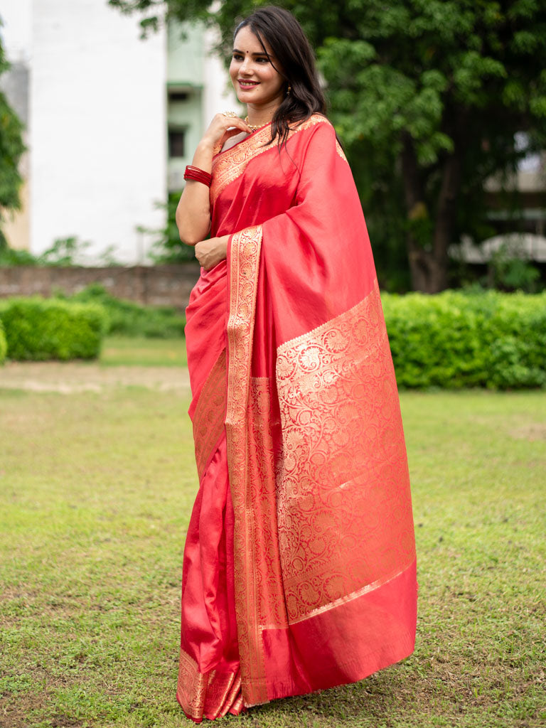 Banarasi Handwoven Plain Pure Dupion Silk Saree-Red
