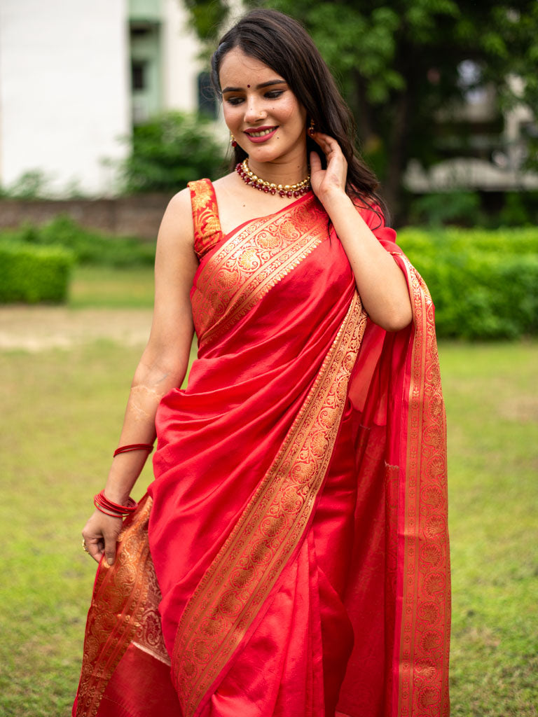 Banarasi Handwoven Plain Pure Dupion Silk Saree-Red
