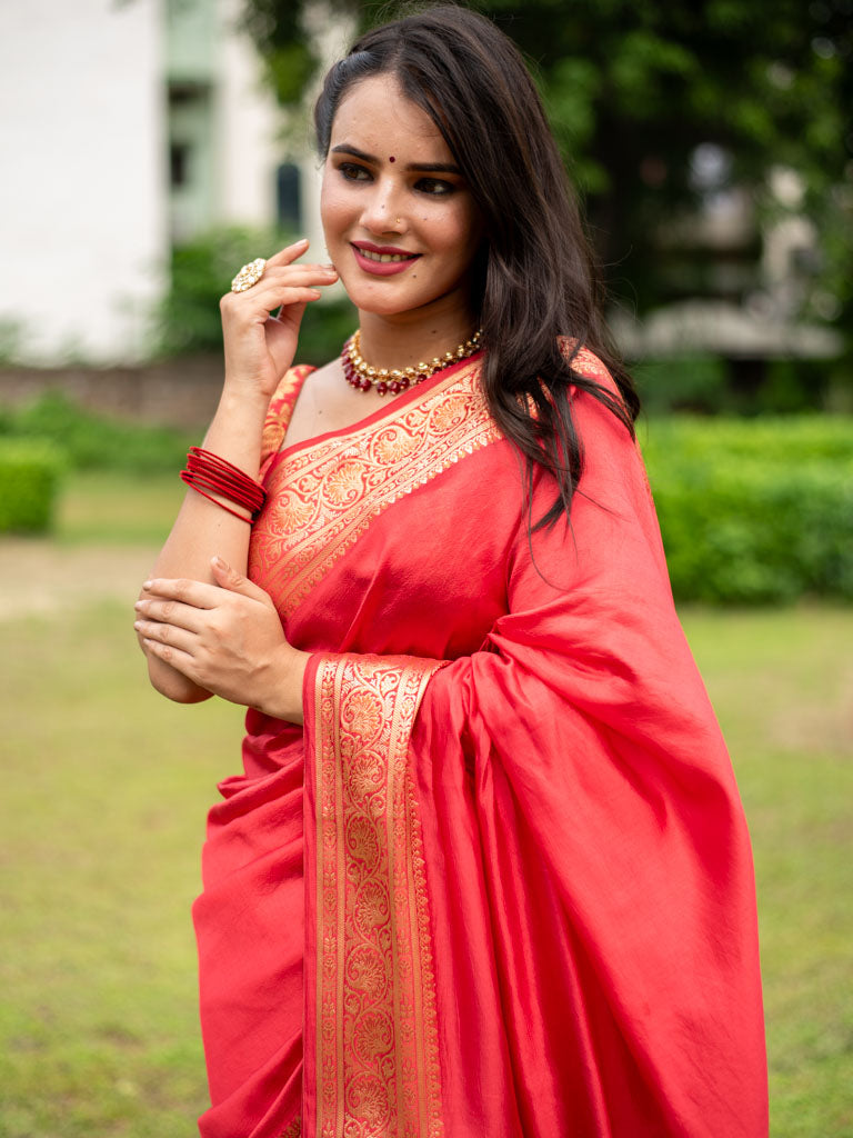 Banarasi Handwoven Plain Pure Dupion Silk Saree-Red