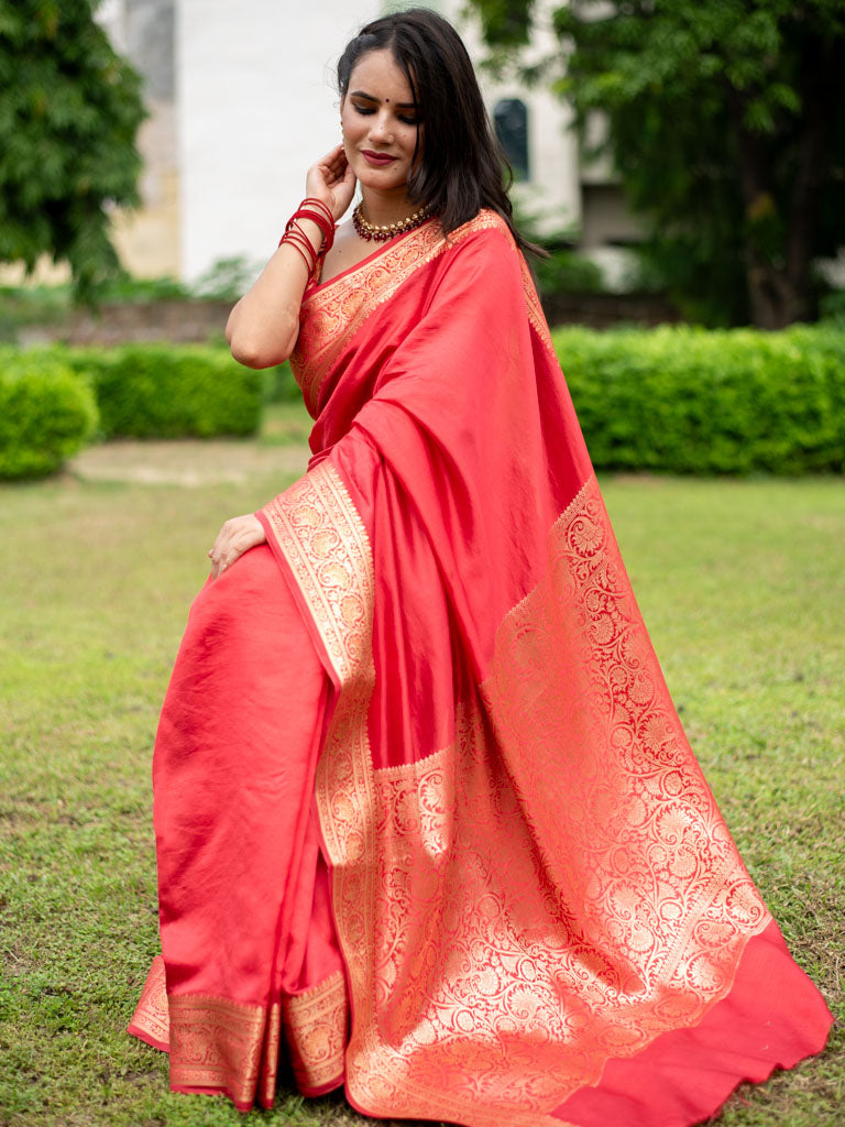 Banarasi Handwoven Plain Pure Dupion Silk Saree-Red