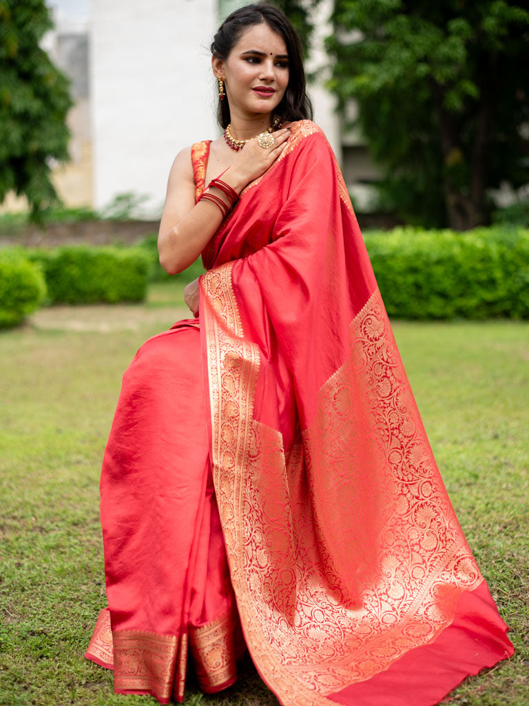 Banarasi Handwoven Plain Pure Dupion Silk Saree-Red