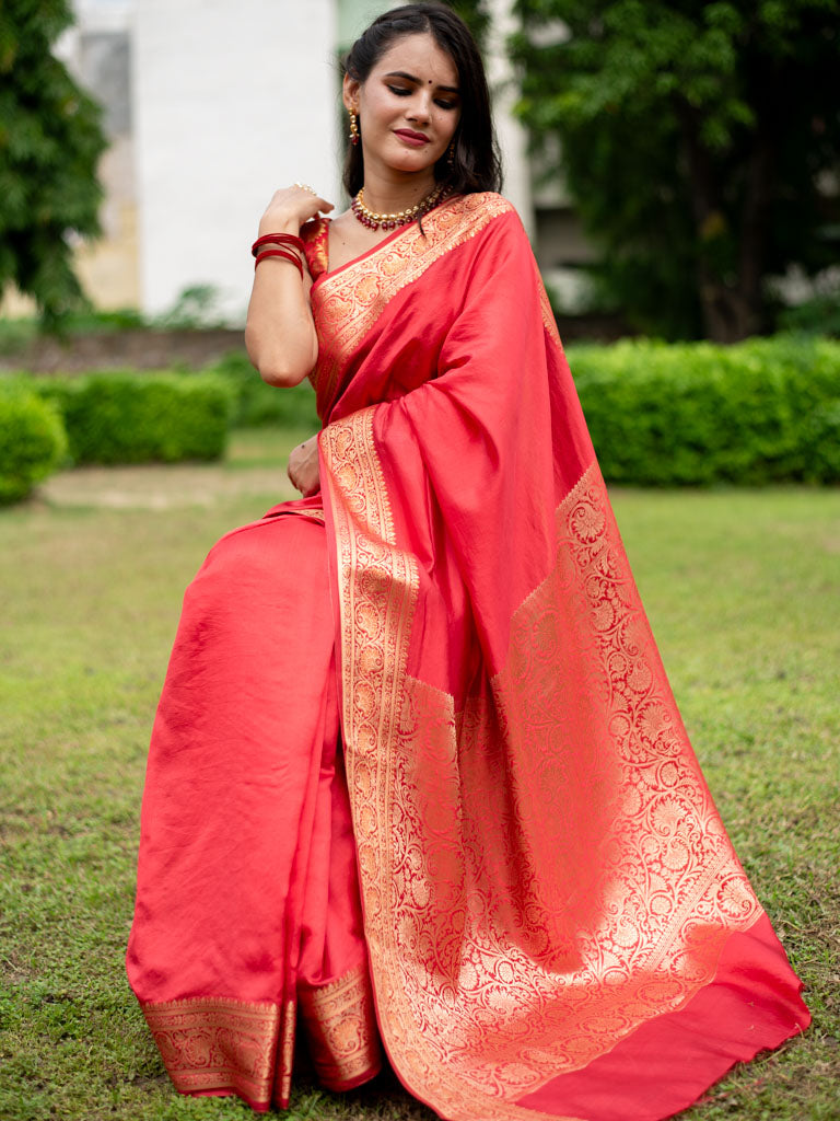 Banarasi Handwoven Plain Pure Dupion Silk Saree-Red