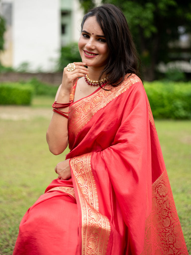 Banarasi Handwoven Plain Pure Dupion Silk Saree-Red