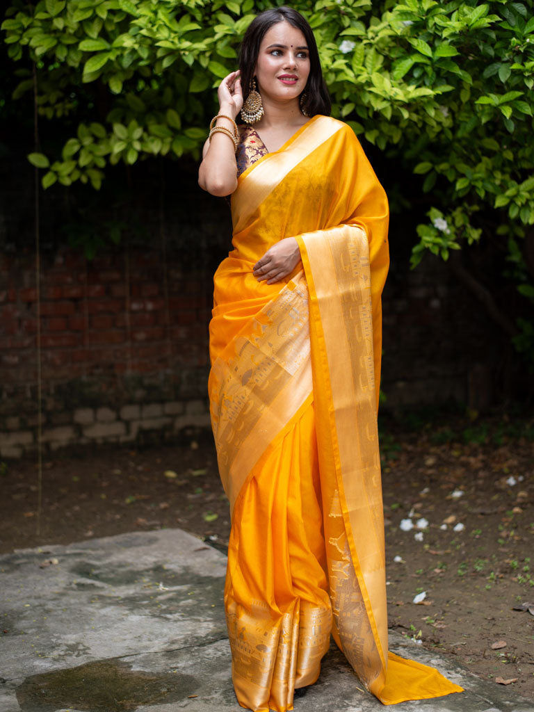 Banarasi Plain Semi Silk Saree With Ganga Ghat Weaving-Yellow
